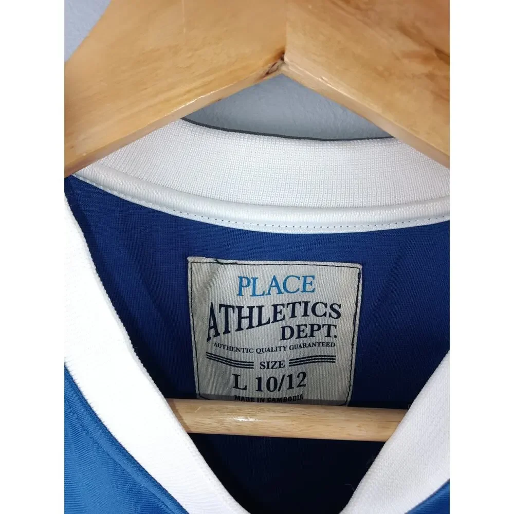 The Children's Place Blue & White Basketball Jersey with Yellow Graphic Large